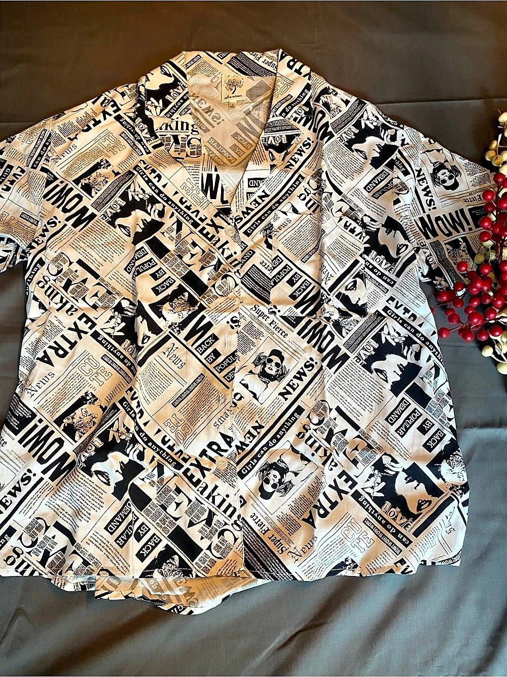 Self Esteem Newspaper Print Button Down Shirt in White & Black